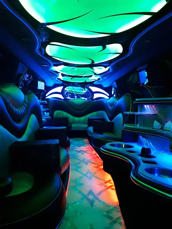 The luxurious and colourful interior of a party bus limo.
