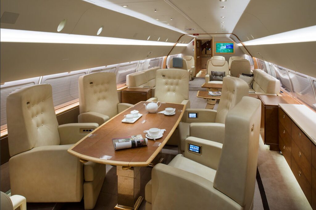 Luxurious and spacious interior of a Boeing Business Jet